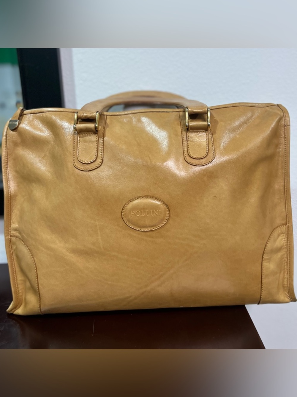 Pollini Italian Leather Work Laptop Bag - Vintage Tan Satchel